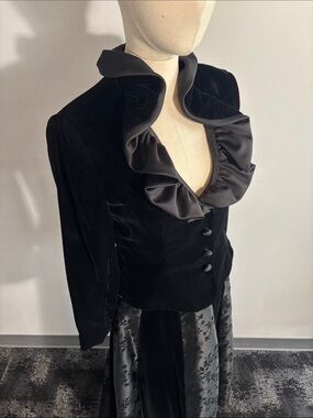 Oleg Cassini Black Velvet Ruffle-Collar Blazer
